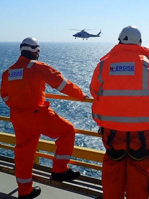 Oil rig view of helicopter