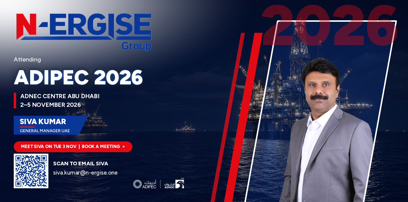 N-ERGISE UAE General Manager Siva Kumar with ADIPEC 2026 details: ADNEC Centre Abu Dhabi, 2–5 November 2026, and a QR code to arrange a meeting
