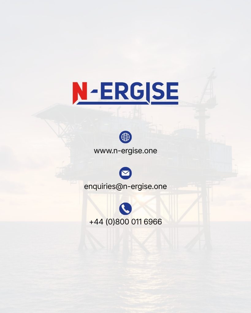 N-ERGISE contact card over a faded Offshore Oil and Gas platform: www.n-ergise.one, enquiries@n-ergise.one, +44 (0)800 011 6966