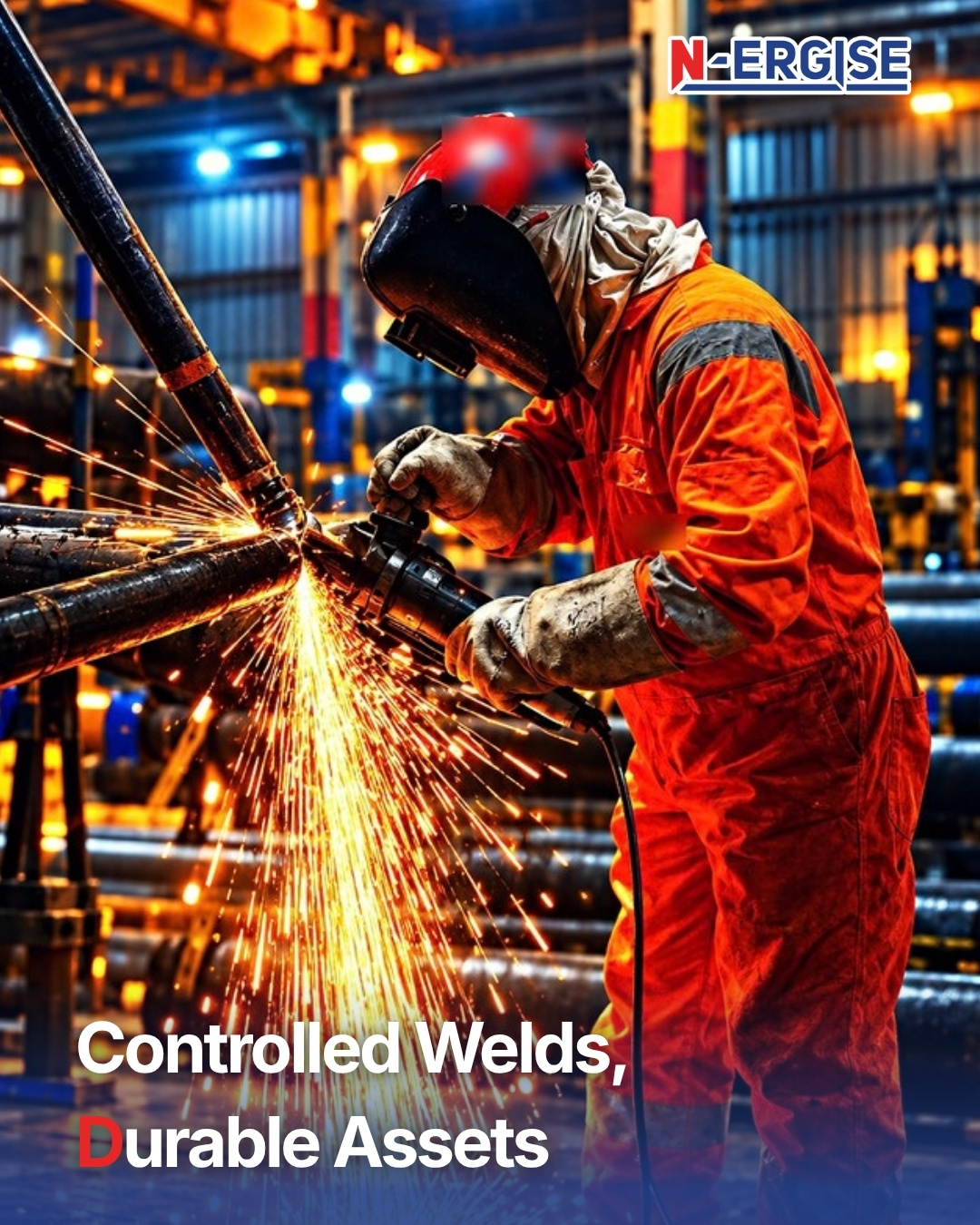 N-ERGISE worker in orange coveralls, red hard hat and welding mask working on steel pipe in a pipe yard as sparks shower to the floor, with the headline Controlled Welds, Durable Assets (AI-generated image)