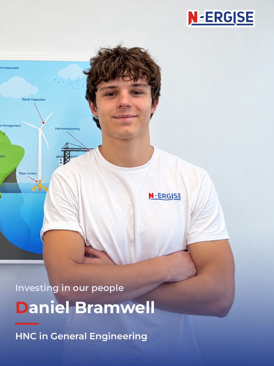 Daniel Bramwell smiling in a white N-ERGISE T-shirt beside an offshore wind poster, with the text Investing in our people, Daniel Bramwell, HNC in General Engineering