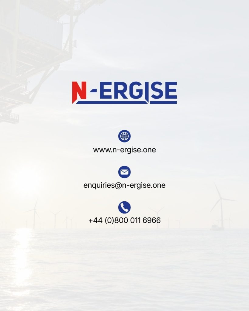 N-ERGISE contact card over faded Offshore Wind Turbines: www.n-ergise.one, enquiries@n-ergise.one, +44 (0)800 011 6966
