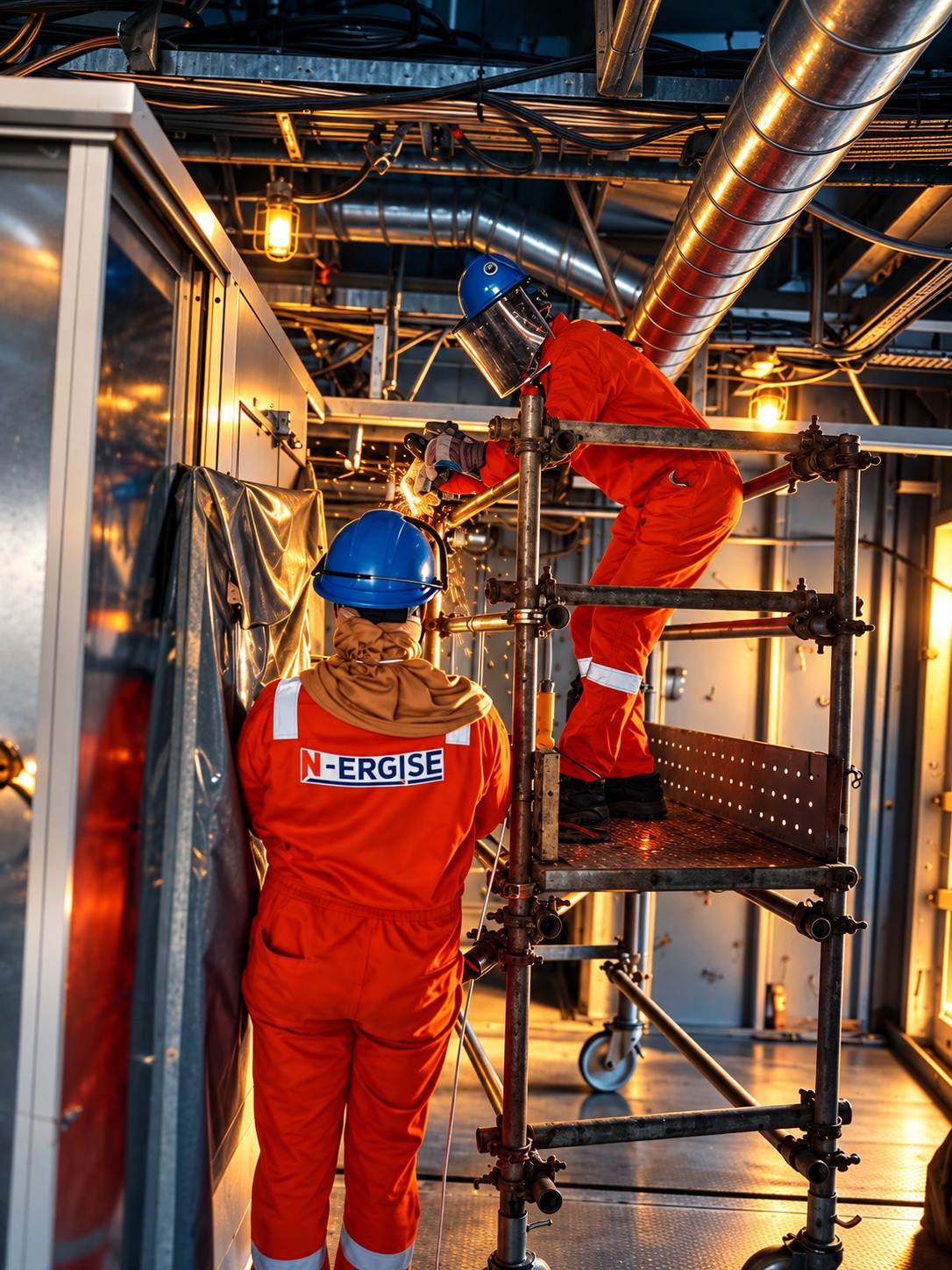 N-ERGISE technicians in orange coveralls and blue hard hats working from mobile scaffolding inside a lit equipment module