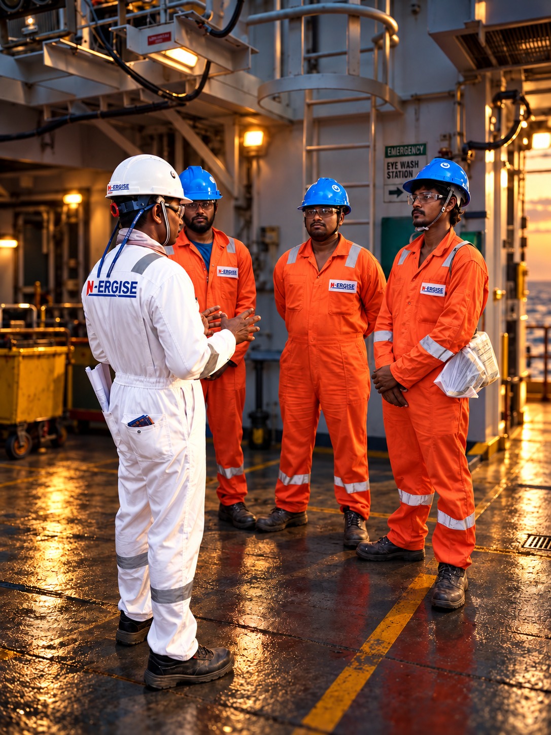 N-ERGISE supervisor in white coveralls briefing three technicians in orange coveralls and blue hard hats on a wet offshore deck at dusk